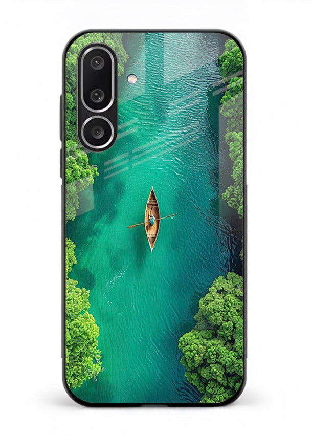 Emerald River Boat calm green river artwork Samsung F56 5G glass back cover