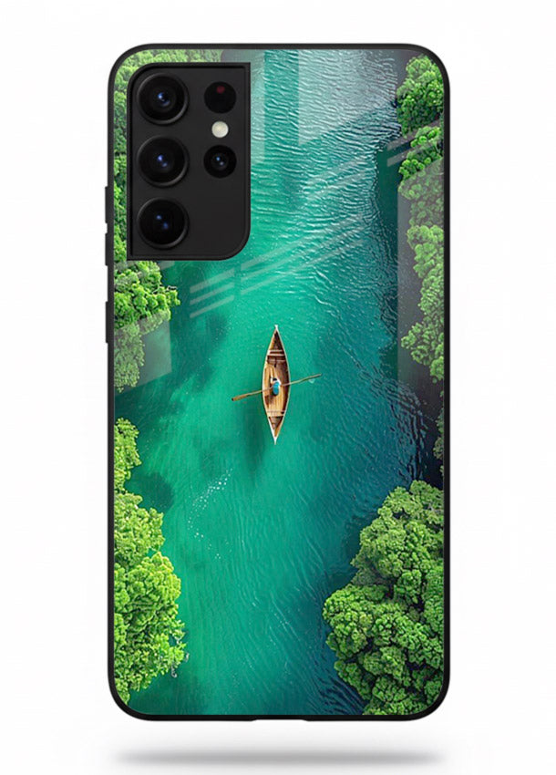 Emerald River Boat calm green river artwork Samsung S21 Ultra glass back cover