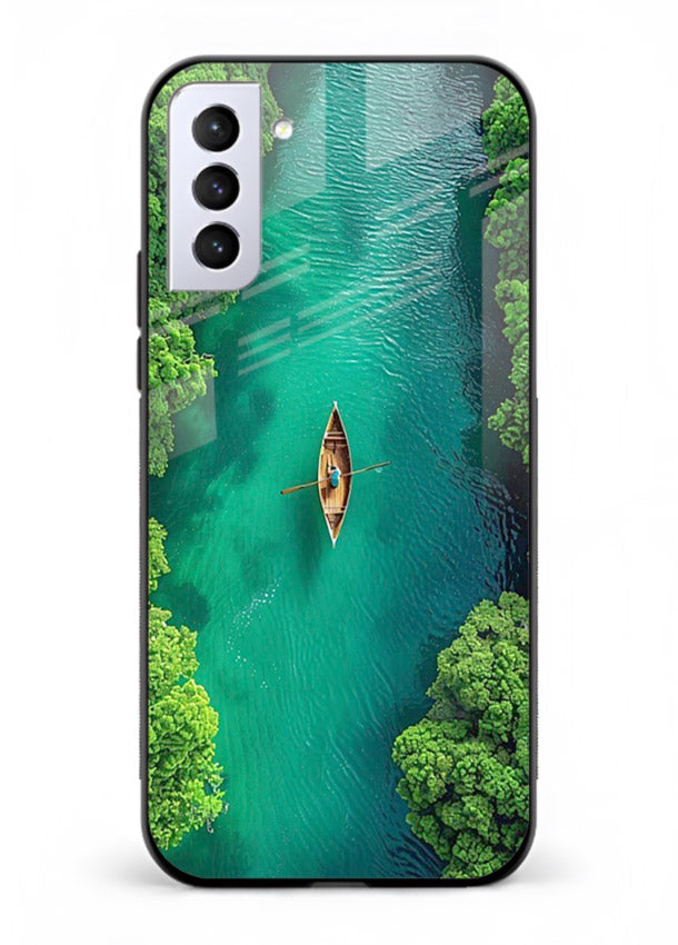 Emerald River Boat calm green river artwork Samsung S21 Plus glass back cover