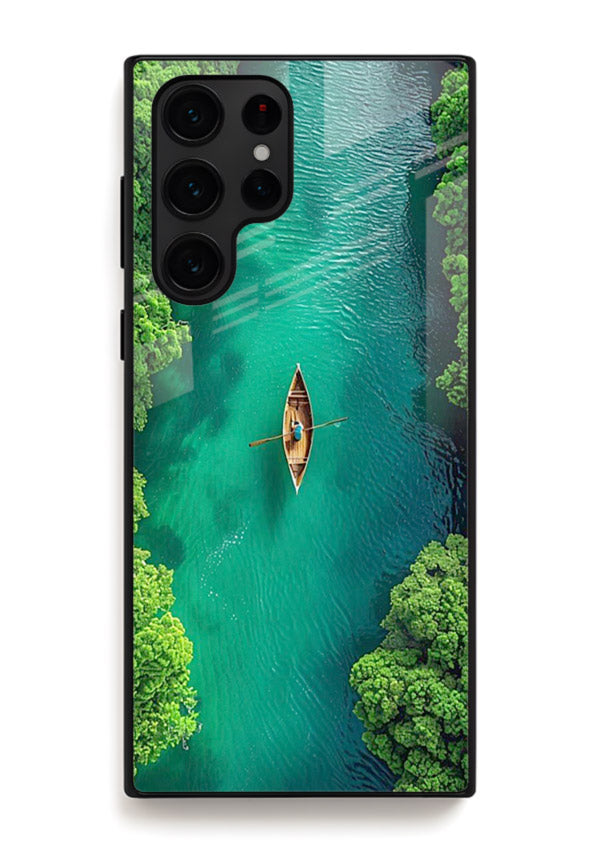 Emerald River Boat calm green river artwork Samsung S23 Ultra glass back cover