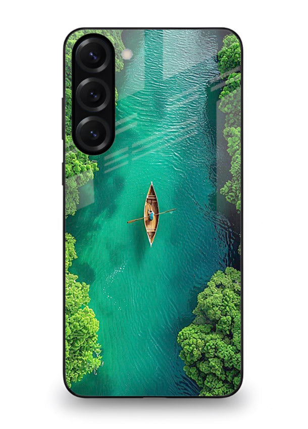 Emerald River Boat calm green river artwork Samsung S23 glass back cover