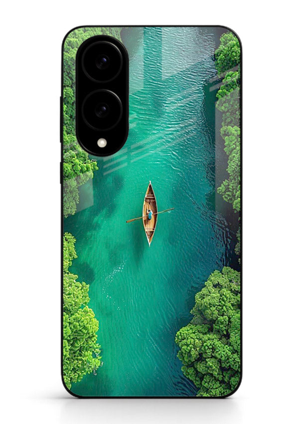 Emerald River Boat calm green river artwork Samsung S25 Edge glass back cover