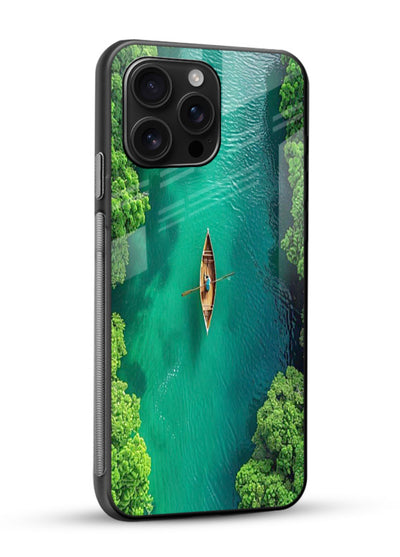 Emerald River Boat calm green river artwork glossy vibrant premium glass back cover - Angle Side