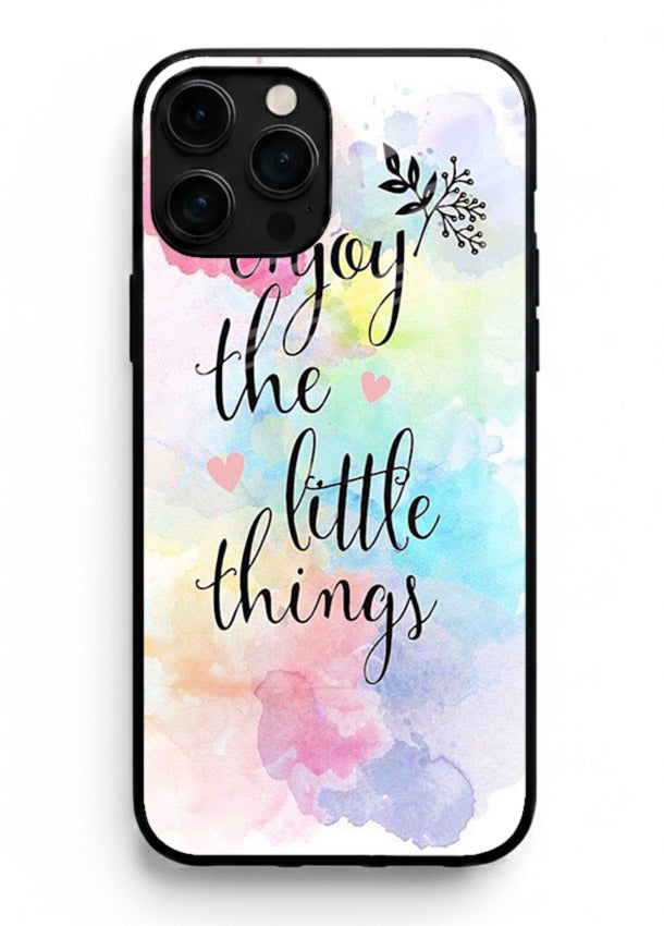 Watercolor splash quote printed on iphone 14 pro max glass back cover with colorful soft tones.