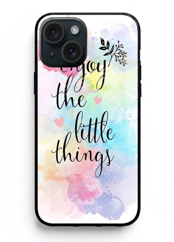 Watercolor splash quote printed on iphone 13 glass back cover with colorful soft tones.