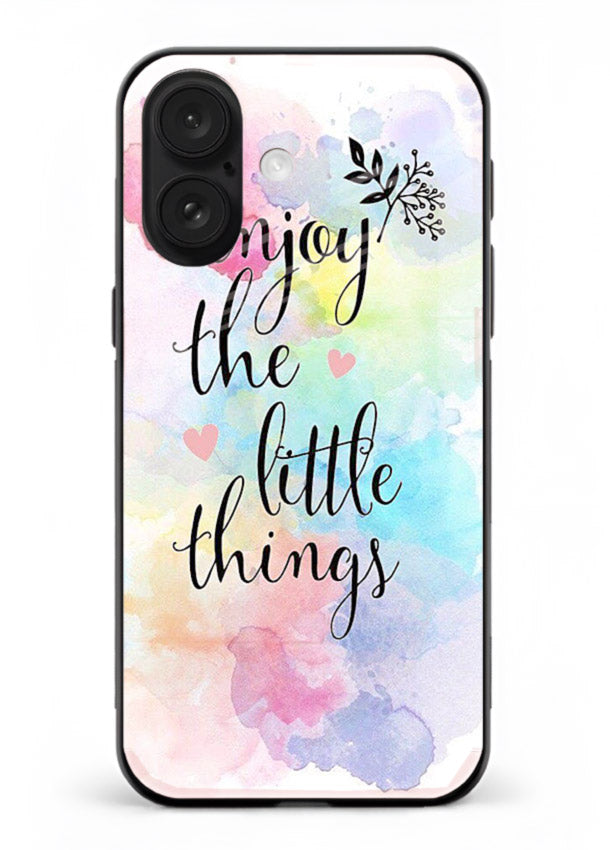 Watercolor splash quote printed on iphone 16 plus glass back cover with colorful soft tones.