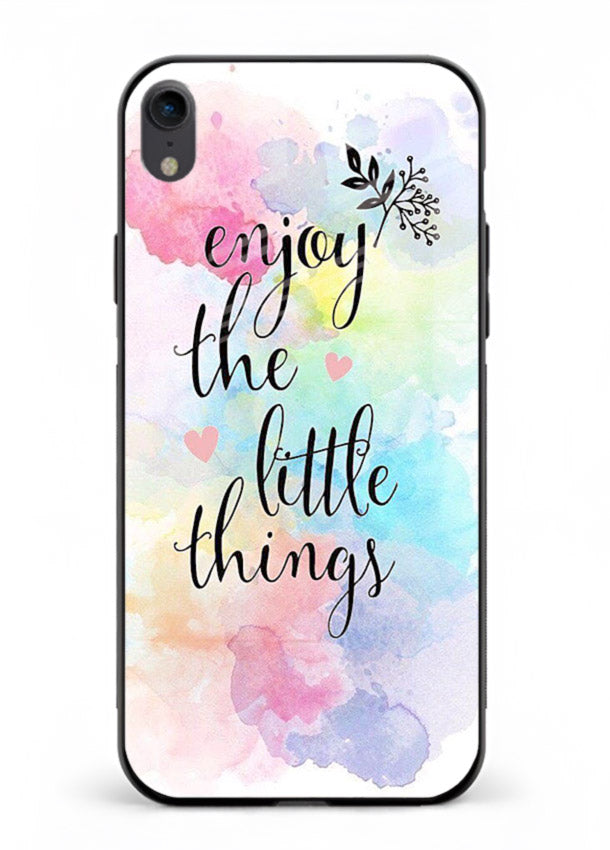 Watercolor splash quote printed on iphone xr glass back cover with colorful soft tones.