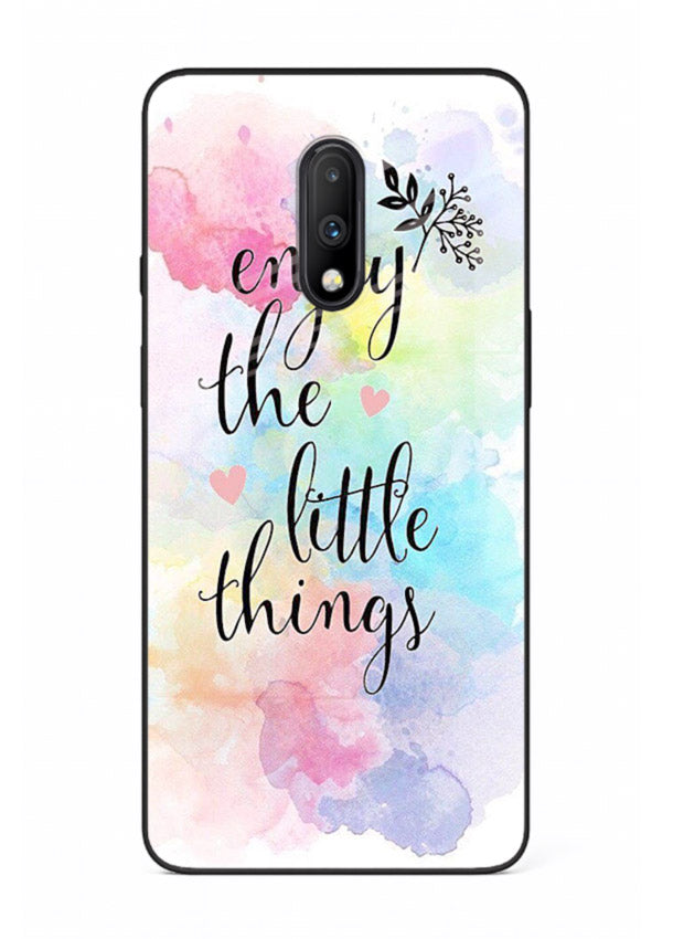 Watercolor splash quote printed on OnePlus 7 glass back cover with colorful soft tones.