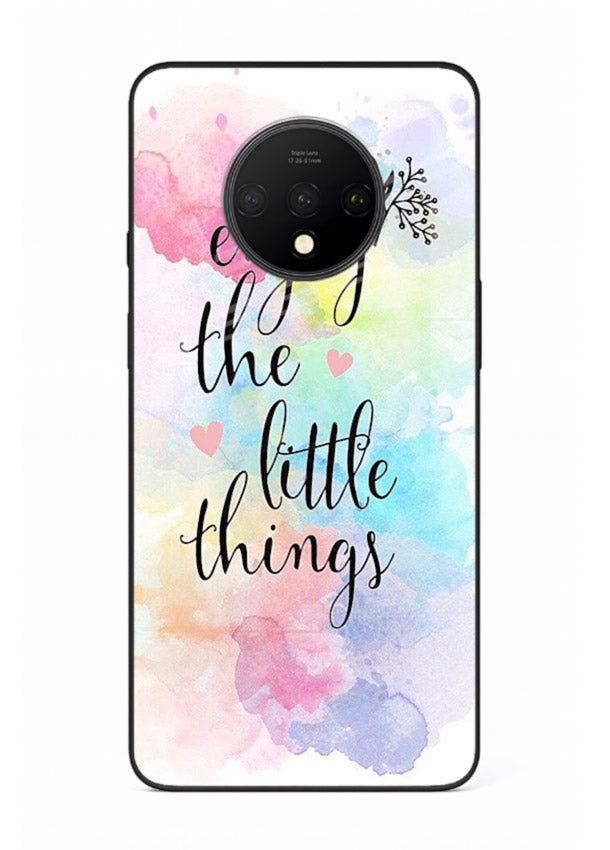 Watercolor splash quote printed on OnePlus 7T glass back cover with colorful soft tones.