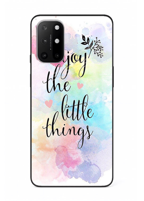 Watercolor splash quote printed on OnePlus 8T glass back cover with colorful soft tones.