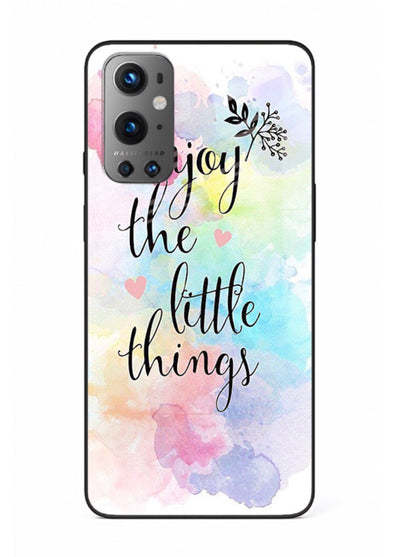 Watercolor splash quote printed on OnePlus 9 glass back cover with colorful soft tones.