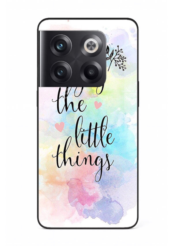 Watercolor splash quote printed on OnePlus 10T glass back cover with colorful soft tones.