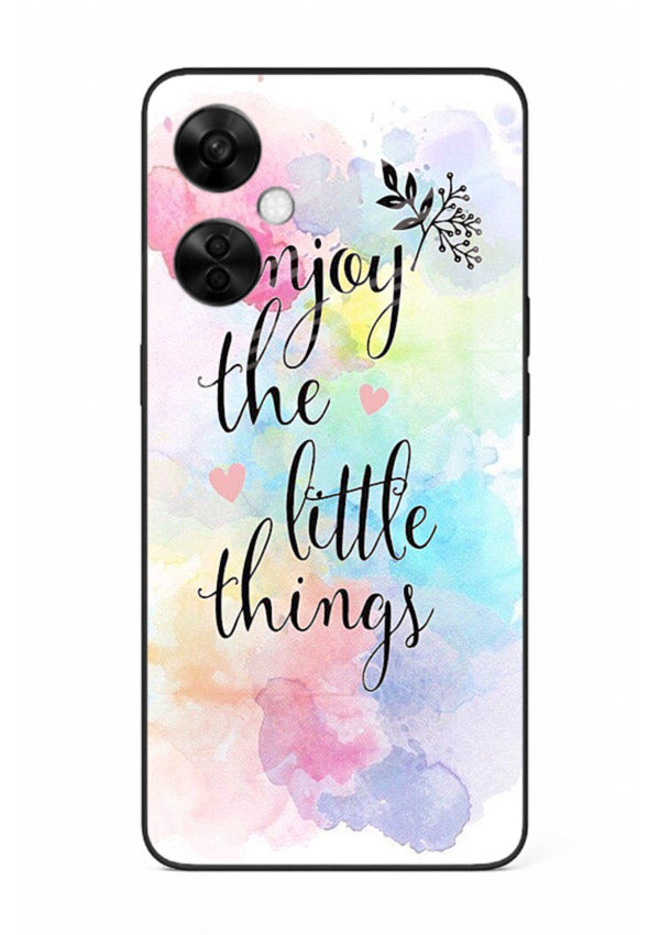 Watercolor splash quote printed on OnePlus Nord CE3 Lite glass back cover with colorful soft tones.