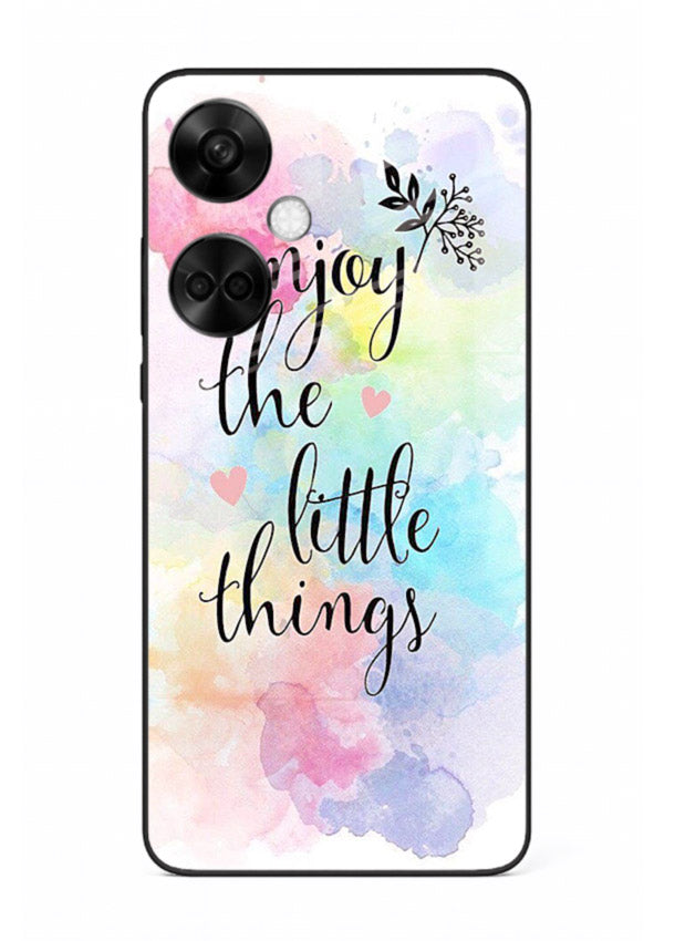 Watercolor splash quote printed on OnePlus Nord CE3 glass back cover with colorful soft tones.
