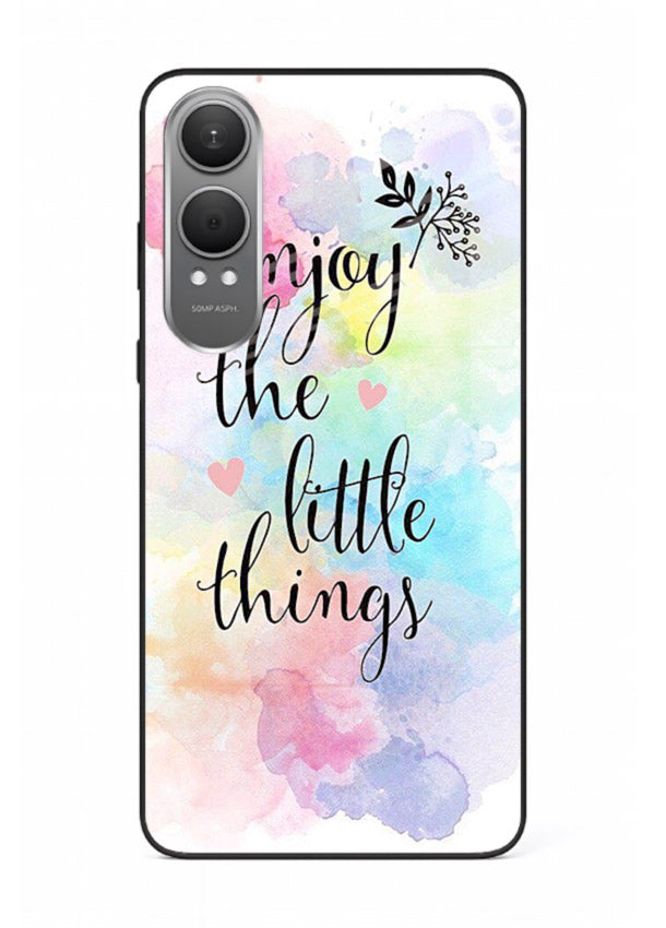 Watercolor splash quote printed on OnePlus Nord CE4 Lite glass back cover with colorful soft tones.