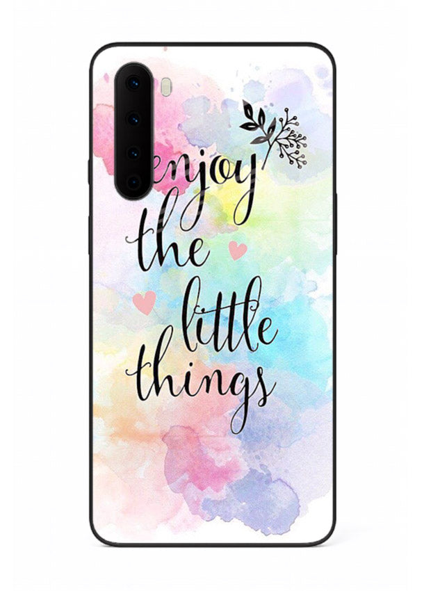 Watercolor splash quote printed on OnePlus Nord glass back cover with colorful soft tones.