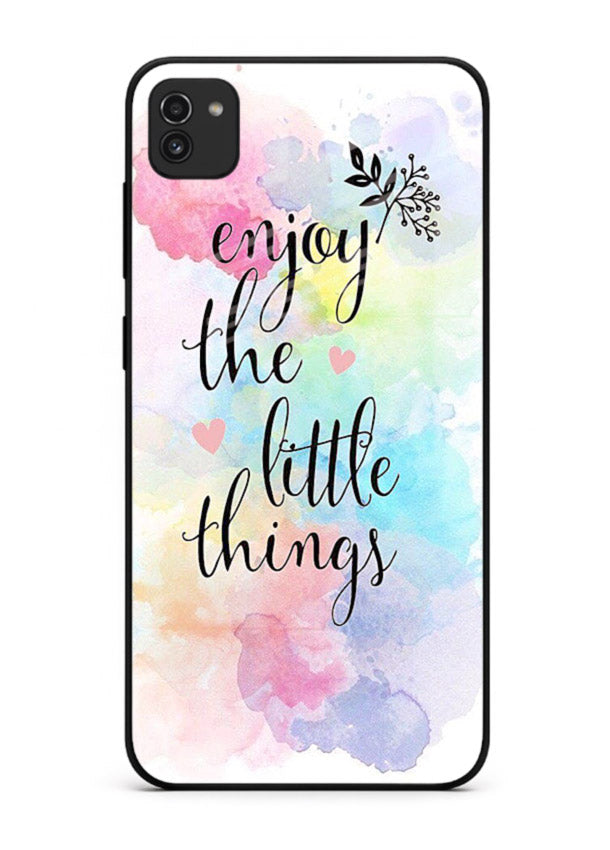 Watercolor splash quote printed on Samsung A03 glass back cover with colorful soft tones.