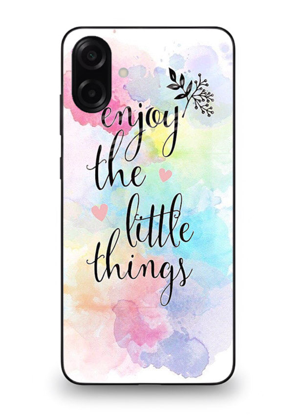 Watercolor splash quote printed on Samsung A06 5G glass back cover with colorful soft tones.