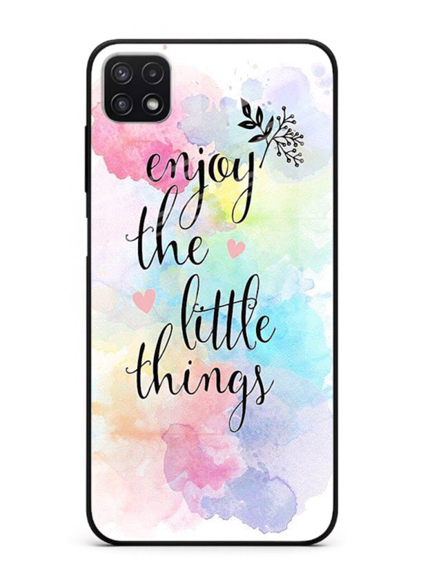 Watercolor splash quote printed on Samsung F42 5G glass back cover with colorful soft tones.