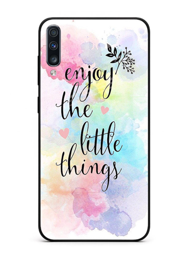 Watercolor splash quote printed on Samsung A50 glass back cover with colorful soft tones.