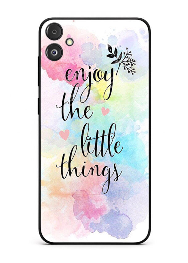 Watercolor splash quote printed on Samsung F14 5G glass back cover with colorful soft tones.