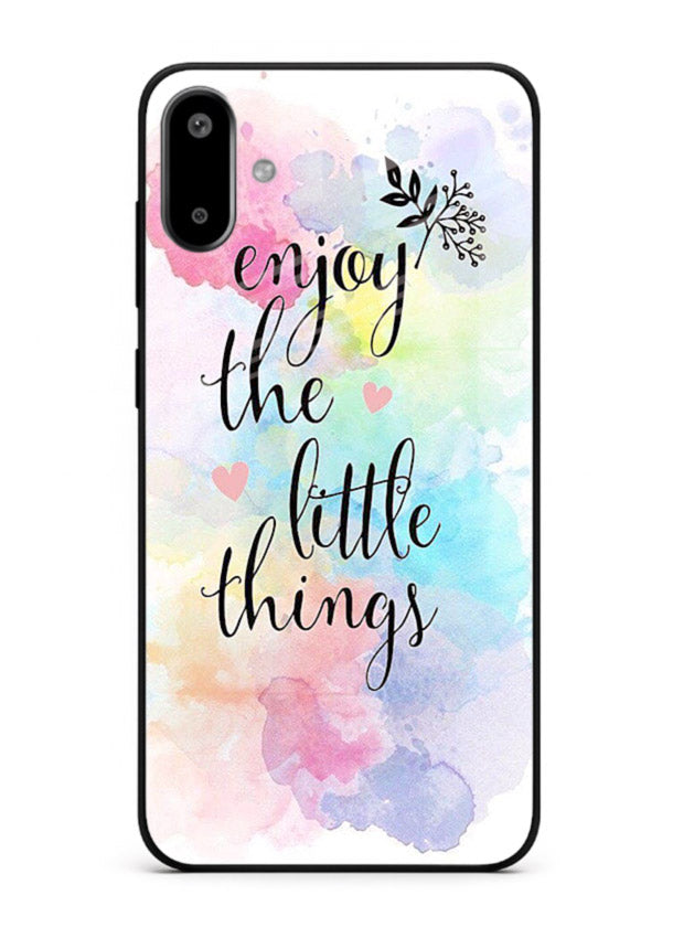 Watercolor splash quote printed on Samsung F06 5G glass back cover with colorful soft tones.