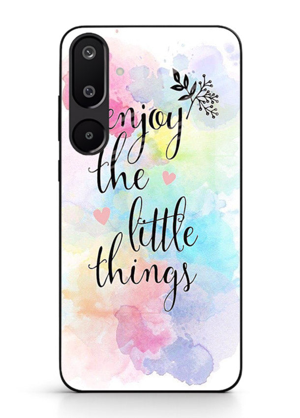 Watercolor splash quote printed on Samsung F16 5G glass back cover with colorful soft tones.