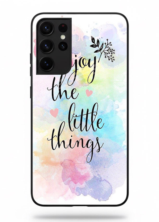 Watercolor splash quote printed on Samsung S21 Ultra glass back cover with colorful soft tones.