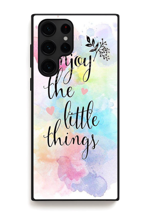 Watercolor splash quote printed on Samsung S24 Ultra glass back cover with colorful soft tones.
