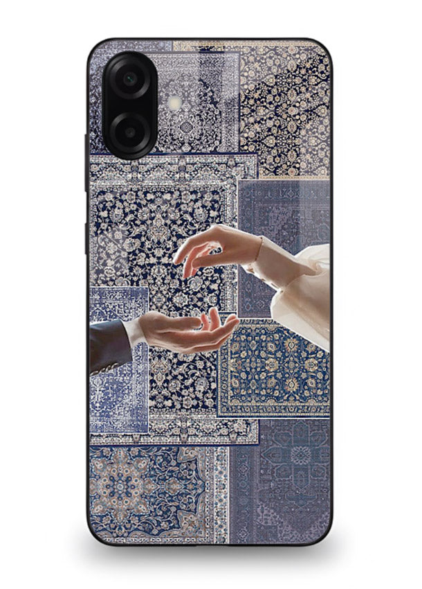 Aesthetic hands artwork printed on tempered glass Samsung A06 5G back cover