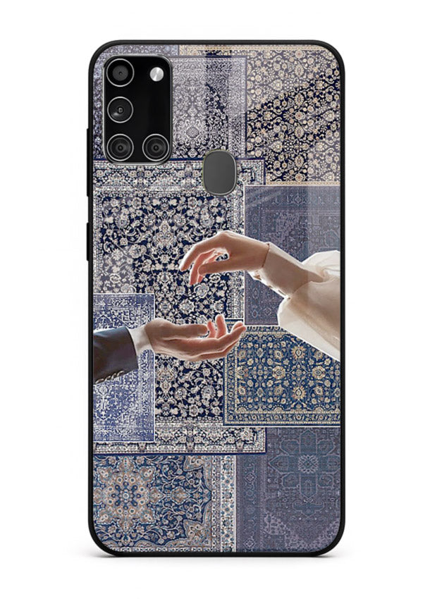 Aesthetic hands artwork printed on tempered glass Samsung A21s back cover
