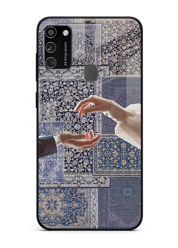 Aesthetic hands artwork printed on tempered glass Samsung M21 back cover