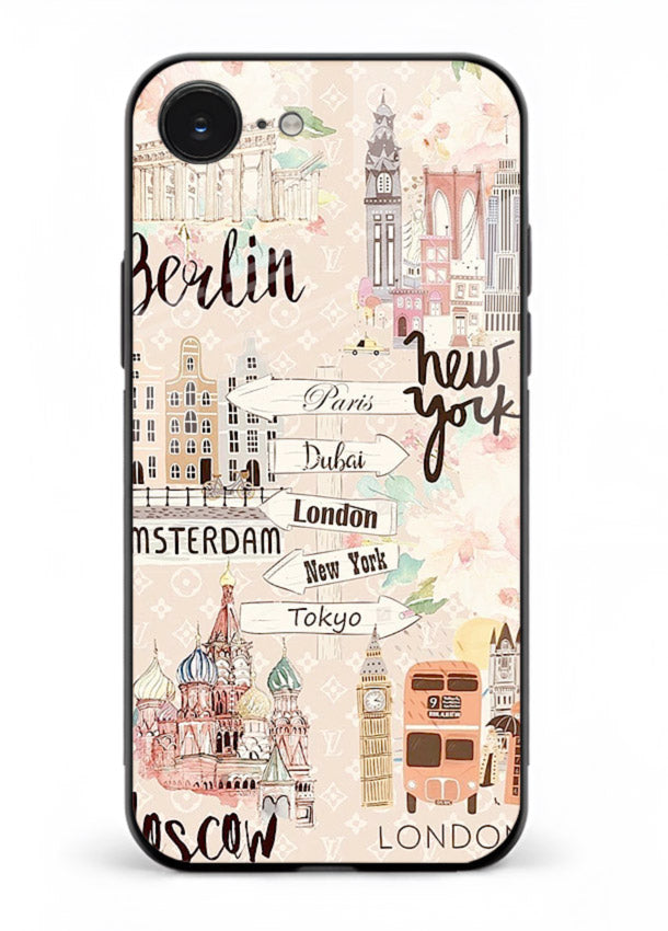 Famous Cities Doodles global city artwork iphone 16e glass back cover