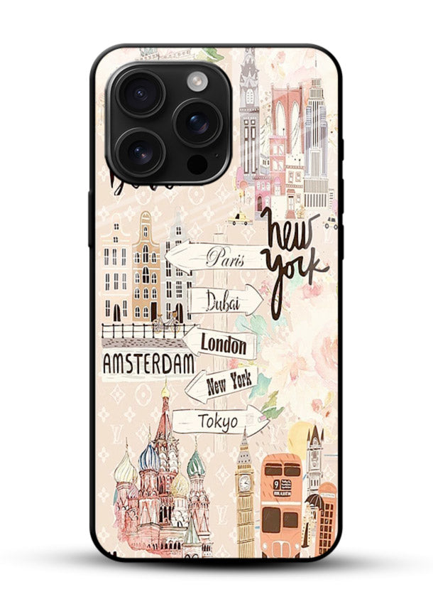 Famous Cities Doodles global city artwork glossy vibrant premium glass back cover - Angle Front