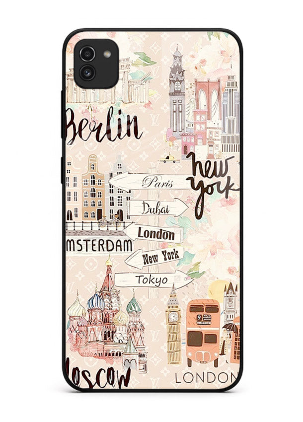 Famous Cities Doodles global city artwork Samsung A03 glass back cover
