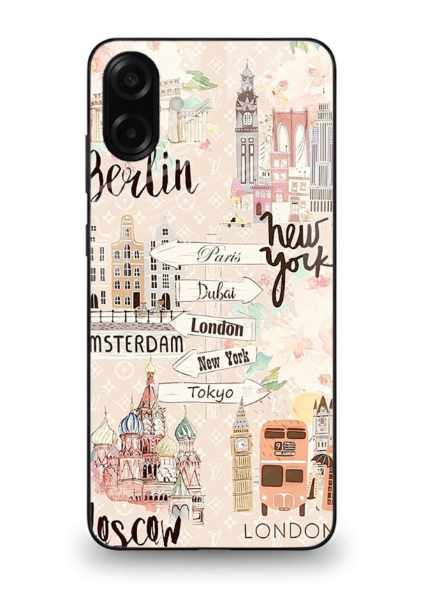 Famous Cities Doodles global city artwork Samsung M13 5G glass back cover