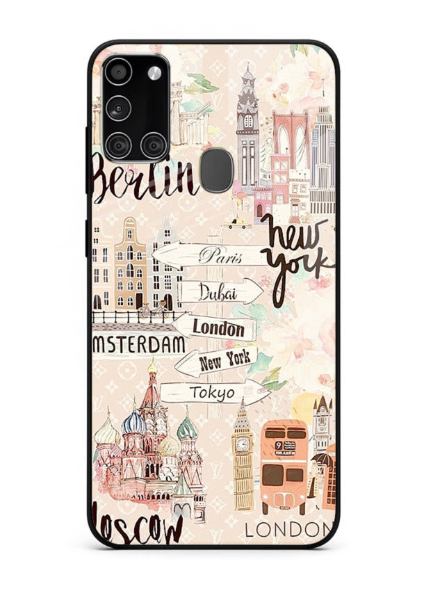 Famous Cities Doodles global city artwork Samsung A21s glass back cover