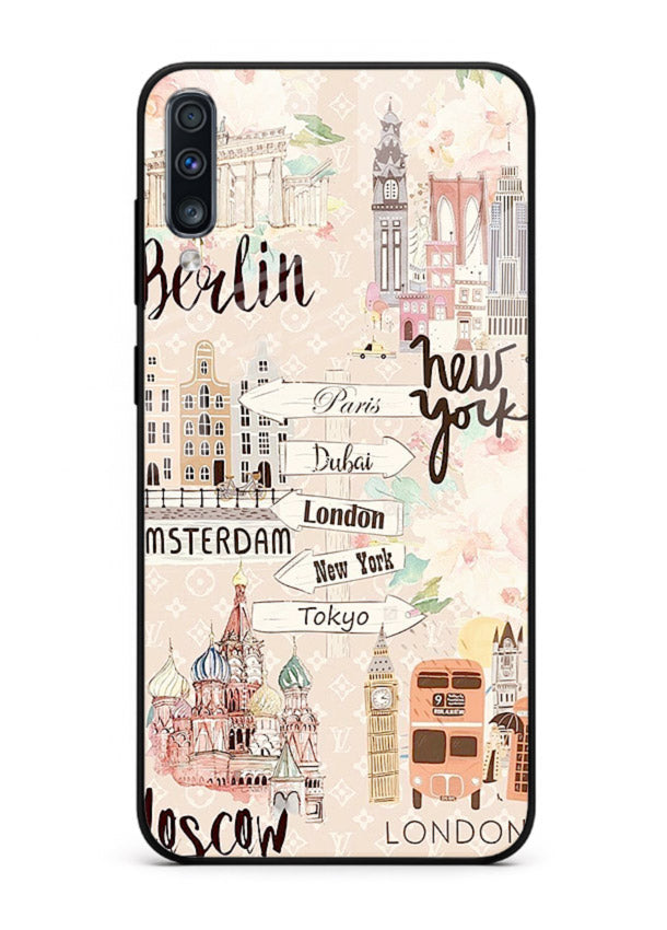 Famous Cities Doodles global city artwork Samsung A70 glass back cover