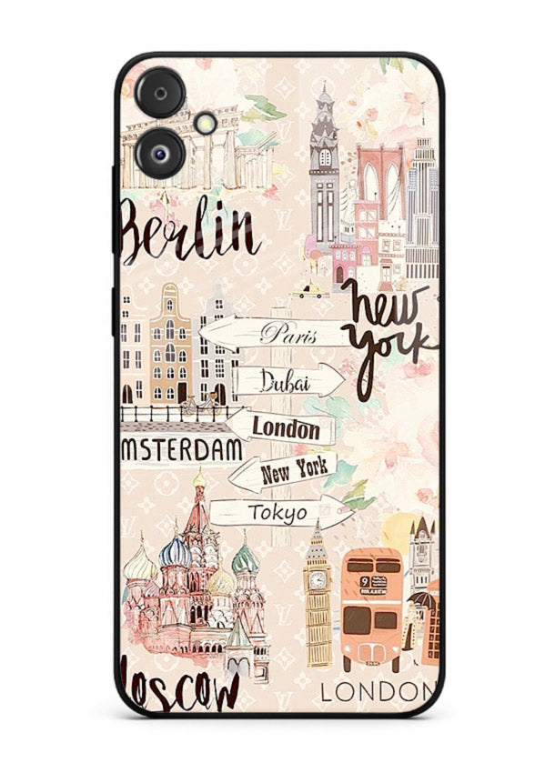 Famous Cities Doodles global city artwork Samsung F04 5G glass back cover