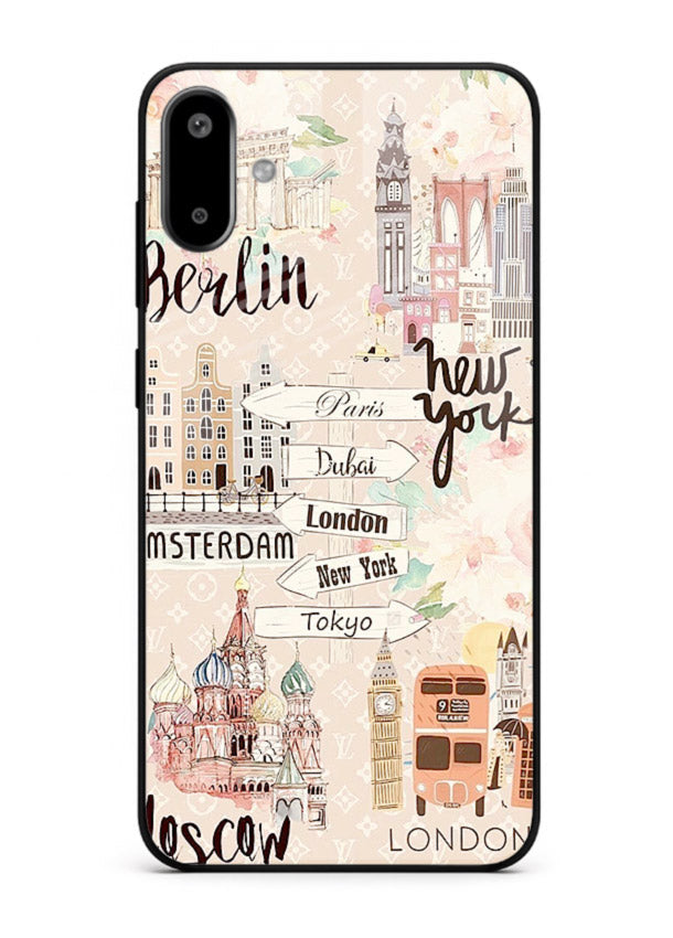 Famous Cities Doodles global city artwork Samsung F06 5G glass back cover