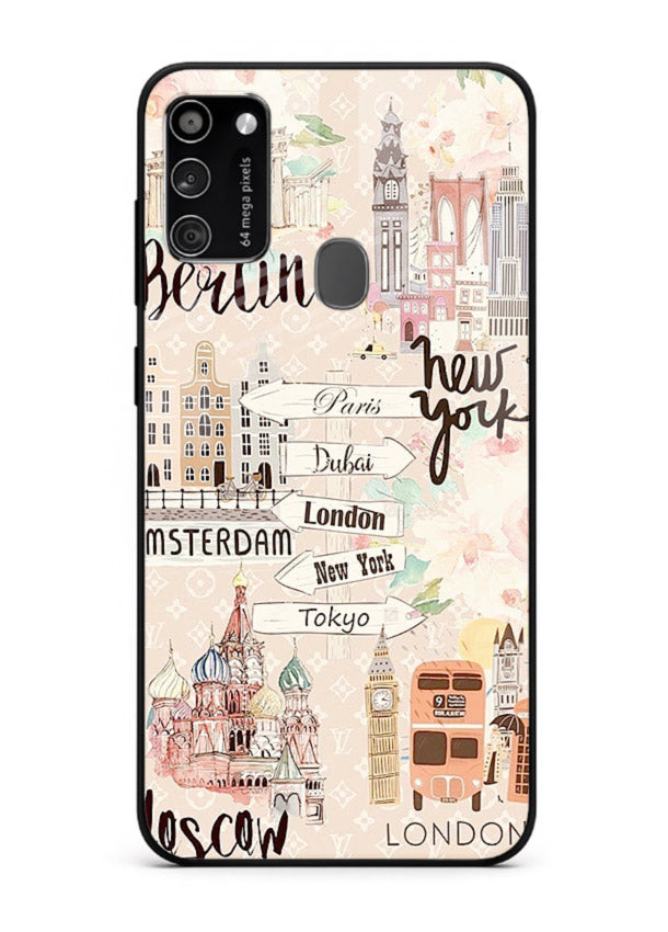 Famous Cities Doodles global city artwork Samsung M21 glass back cover