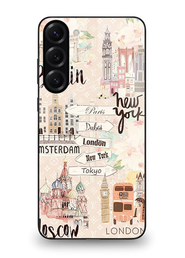 Famous Cities Doodles global city artwork Samsung S23 glass back cover