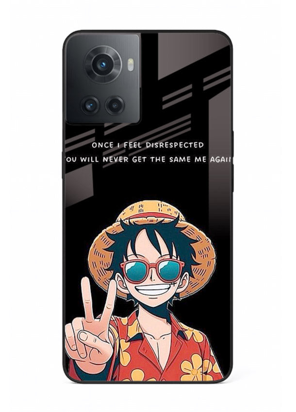 Playful character illustration printed on OnePlus 10R glass back cover with uplifting tones.