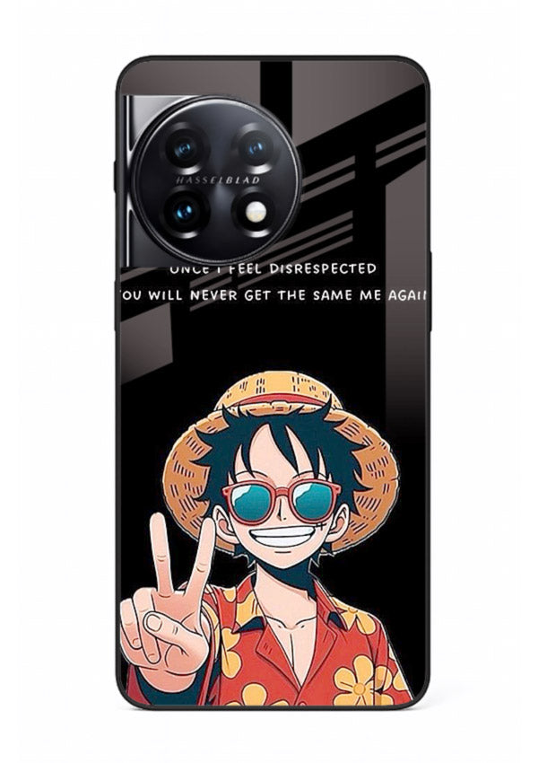 Playful character illustration printed on OnePlus 11R glass back cover with uplifting tones.