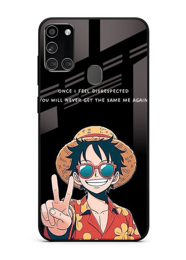 Playful character illustration printed on Samsung A21s glass back cover with uplifting tones.