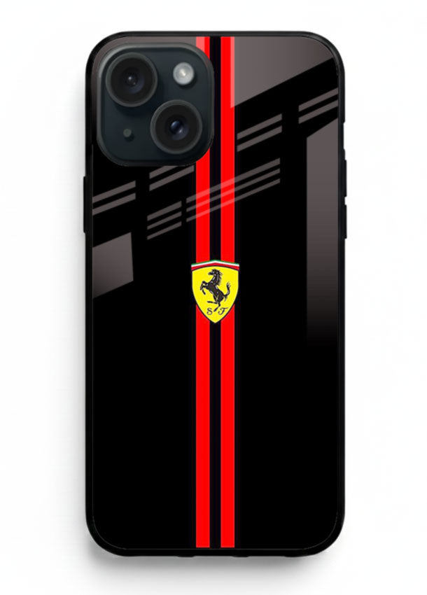 Minimal Ferrari style red stripe design on black background for iPhone 15 Plus