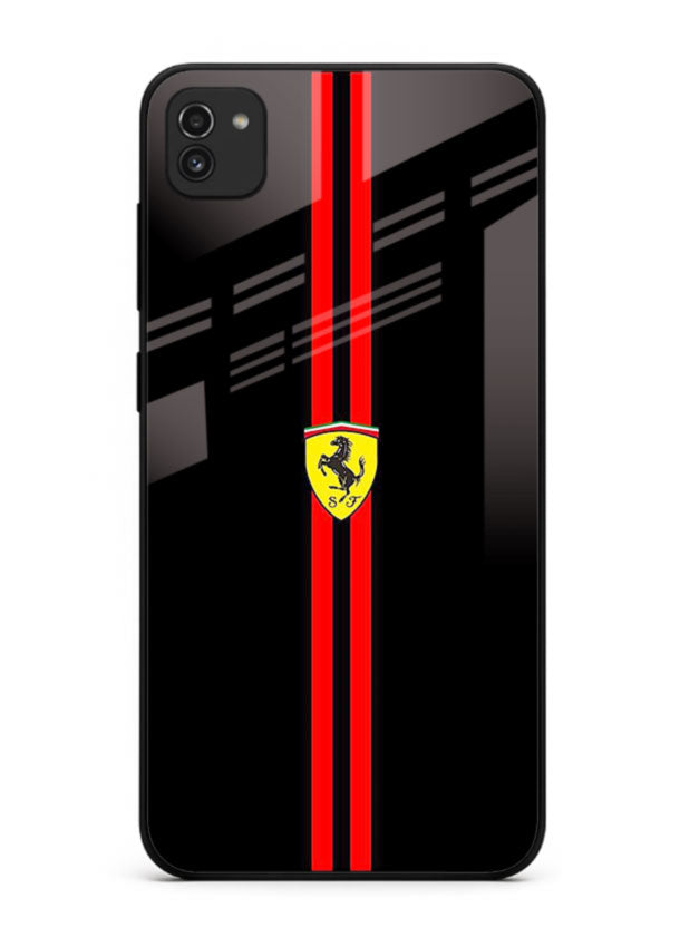 Minimal Ferrari style red stripe design on black background for Samsung A03