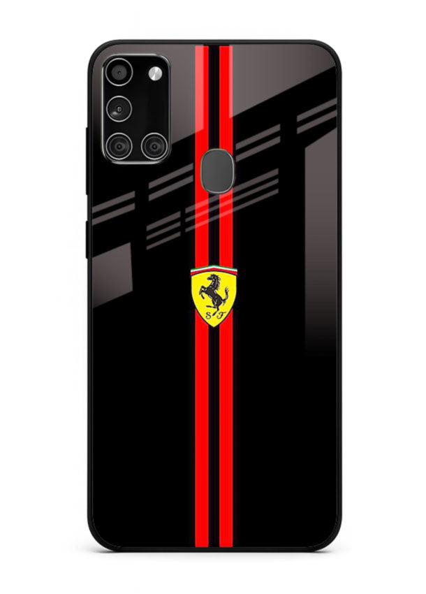 Minimal Ferrari style red stripe design on black background for Samsung A21s