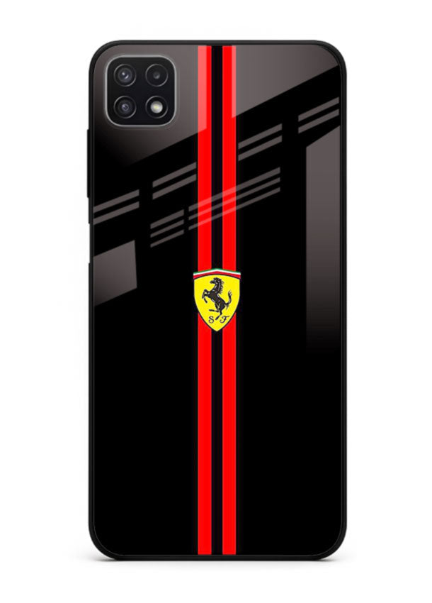 Minimal Ferrari style red stripe design on black background for Samsung F42 5G