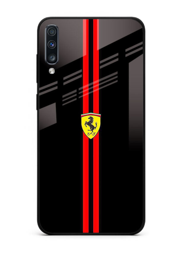 Minimal Ferrari style red stripe design on black background for Samsung A70